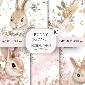Bunny Flower Digital Paper Pack - 10 Rabbit Scrapbook Junk Journal Papers-Seamless Patterns- Digital Background-Watercolor Paper Set| 79