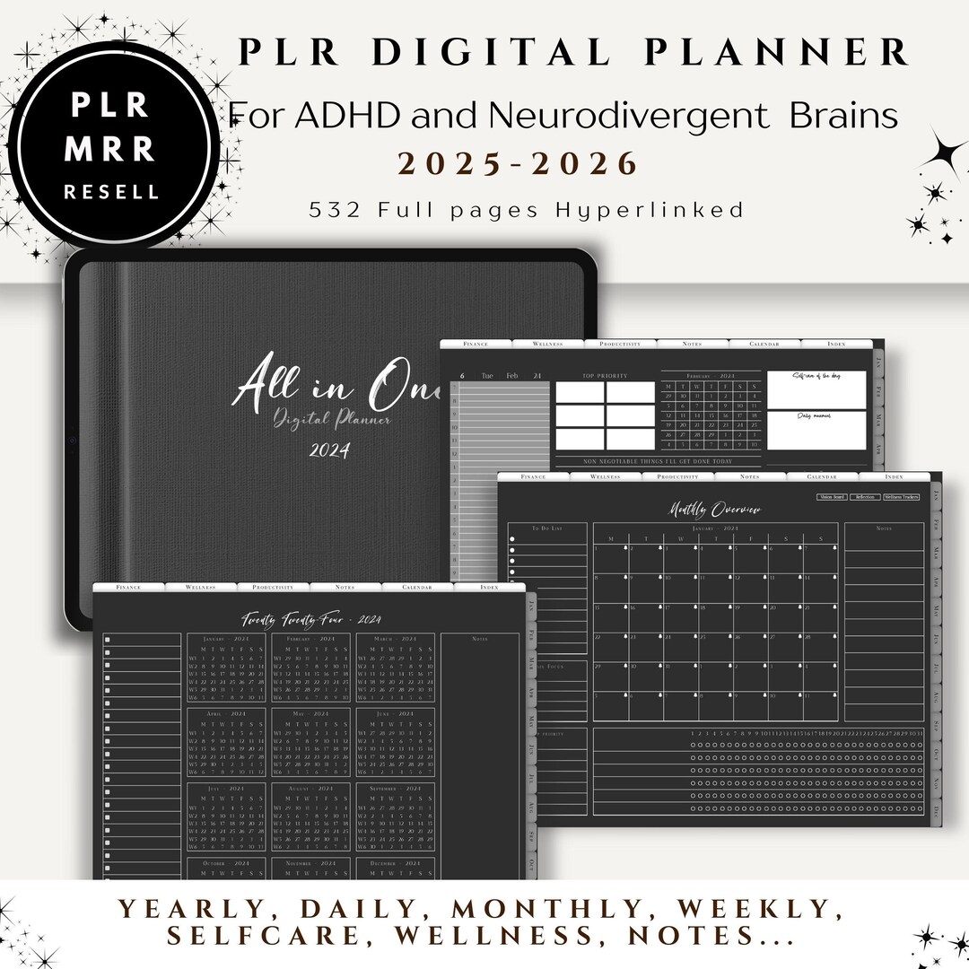 PLR Digital Planner 2025- 2026 MRR Planner,black Landscape Dfy Planner ...