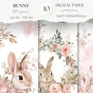 Bunny Flower Digital Paper Pack - 10 Rabbit Scrapbook Junk Journal Papers-Seamless Patterns- Digital Background-Watercolor Paper Set| 79