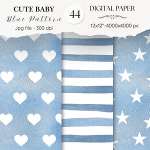 Blue Cute Baby Digital Paper Pack- 44 Nursery Baby Scrapbook Junk Journal Papers-Seamless Patterns- Digital Background-Watercolor Paper| 64