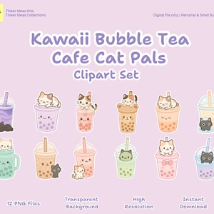 Kawaii Cat Cafe Bubble Tea Clipart Bundle – 12 Cute Boba Stickers