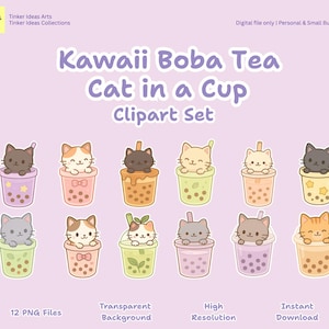 Set di clipart di gatto in tazza con tè Boba Kawaii - 12 simpatici PNG di gatto con tè a bolle per adesivi, sublimazione e altro