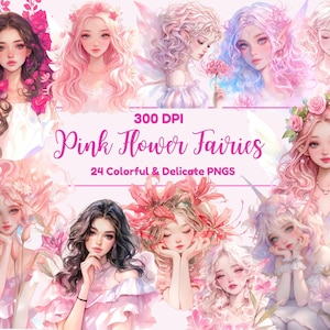 Fairytale Clipart - Watercolor fairy Clipart - Pink Fairies - Fairytale, Scrapbooking - Instant Download PNG for Personal & Commercial use.