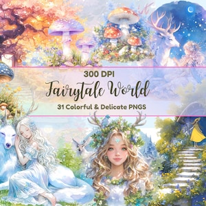 Clipart de conto de fadas - Clipart de fadas em aquarela - Floresta pastel - País das fadas, Scrapbooking - Download instantâneo de PNG para uso pessoal e comercial.