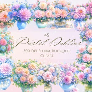 45 imágenes prediseñadas de dalias en acuarela: hermosos gráficos de flores, imágenes de dalias, floreros, descarga instantánea, PNG digital para uso comercial