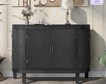 120 cm langes rustikales Buffet-Sideboard, Holz Vitrinenschrank, Konsolentisch mit verschiebbaren Regalen, vier Türen für den Einsatz im Wohnzimmer