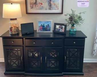 The dining room console, 60-inch modern wood glass door buffet sideboard, entryway serving storage cabinet doors, and living room