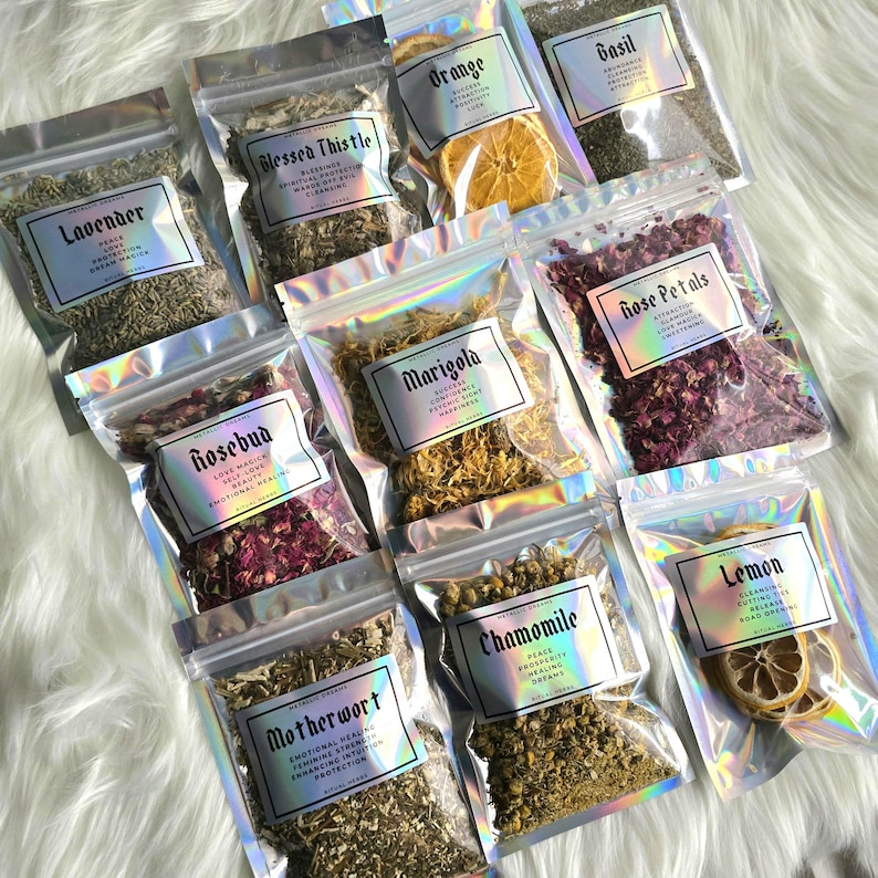 Assorted ritual herbs and botanicals like mugwort, rose, lavender, nettle, wormwood, and much more. Apothecary for witchcraft, spell work, and altar offerings. Ethically sourced dried herbs for manifestation rituals and spiritual cleansing.