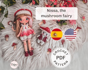 Mushroom fairy amigurumi pattern and little mushroom guy / PDF pattern / Crochet doll / Spanish & English