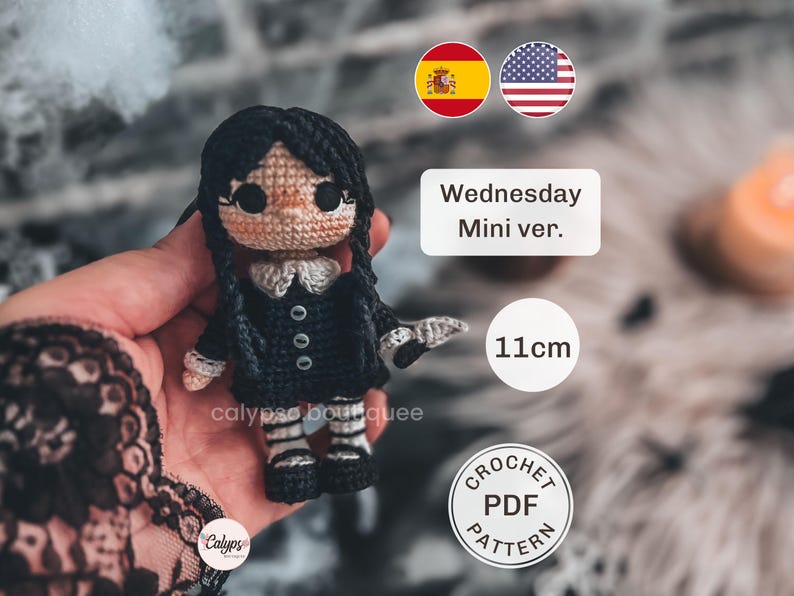 May include: A small crochet doll measuring 11cm in height, featuring black hair in two braids, a black dress with a white collar, and black and white striped stockings. The text "Wednesday Mini ver." and "CROCHET PDF PATTERN" is visible.