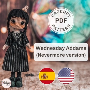 May include: Crochet pattern PDF for a Wednesday Addams doll in her Nevermore Academy uniform. The doll is black and white with a black skirt and a white shirt. The pattern is available in Spanish and English.