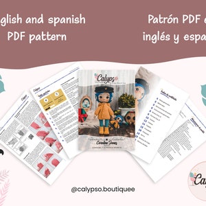 May include: A PDF pattern for crocheting a Coraline Jones doll, with instructions in both English and Spanish. The pattern includes a photo of the finished doll and a list of materials needed.