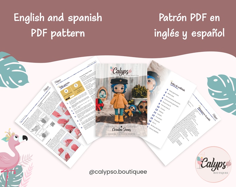 May include: A PDF pattern for crocheting a Coraline Jones doll, with instructions in both English and Spanish. The pattern includes a photo of the finished doll and a list of materials needed.