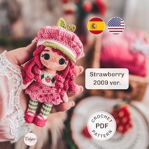 Patron de mini muñeca vestida de fresita con falda rosa amigurumi - SÓLO el patron en PDF / Guia de tejido / Español & English