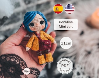 Mini Coraline doll with skirt amigurumi crochet pattern - PDF file only / Crochet doll / Spanish & English