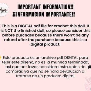 Op de afbeelding: Roze achtergrond met tekst in het Engels en Spaans, inclusief "IMPORTANT INFORMATION!!" en details over een digitaal PDF haakpoppenpatroon. Het Calyps Boutique logo is zichtbaar.