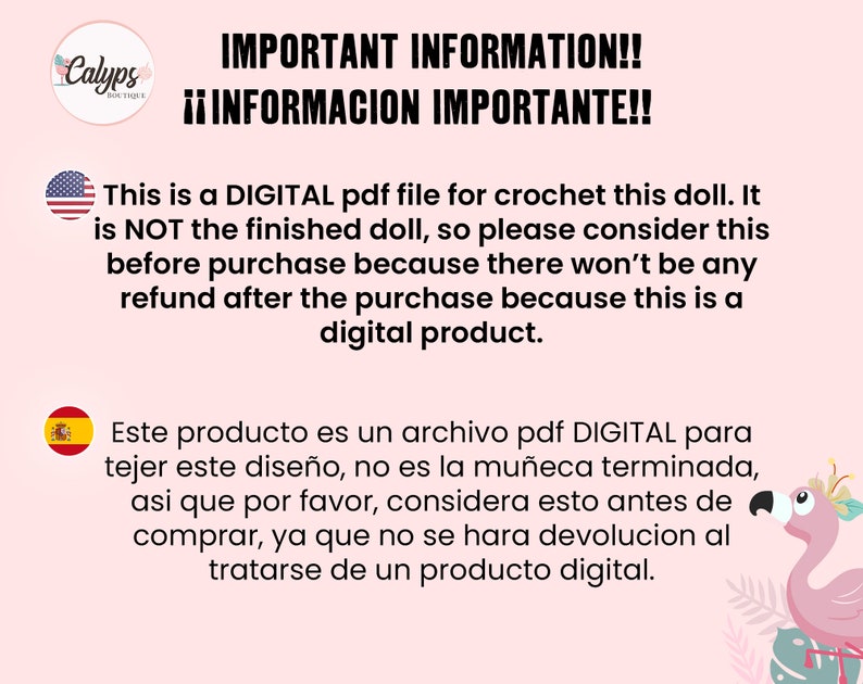 Op de afbeelding: Roze achtergrond met tekst in het Engels en Spaans, inclusief "IMPORTANT INFORMATION!!" en details over een digitaal PDF haakpoppenpatroon. Het Calyps Boutique logo is zichtbaar.