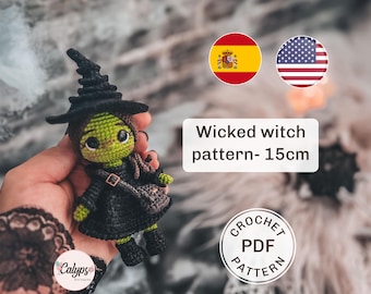Mini groene heksenpop met haakpatroon amigurumi bezem - alleen pdf-bestand / gehaakte pop / Spaans en Engels