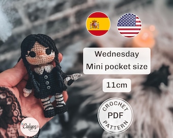 Mini Wednesday doll amigurumi crochet pattern - PDF file only / Crochet doll / Spanish & English
