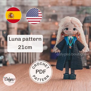 PDF Luna amigurumi-mönster med klassuniform Virkad docka (21 cm – Medel, Engelska/Spanska