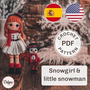 May include: Crochet pattern PDF for a snowgirl and a small snowman. The pattern is available in English and Spanish. The image shows a crocheted snowgirl doll wearing a red scarf and a white dress, and a crocheted snowman doll wearing a red scarf and a black hat.