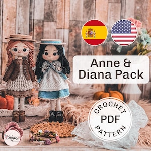 May include: Crochet pattern PDF for two amigurumi dolls, Anne and Diana. The dolls are dressed in vintage-inspired outfits and have brown and black hair. The pattern includes instructions for making the dolls, their clothing, and accessories. The image also includes the text "Anne & Diana Pack" and "Crochet PDF Pattern".