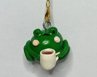Frog Keychain with Cup of Coffee || Handmade Polymer Clay Charm