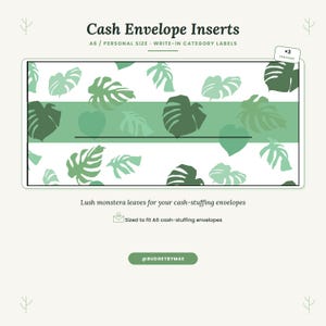 May include: A rectangular cash envelope insert featuring a white background with a pattern of green monstera leaves. A solid green horizontal band runs across the center with a black line for writing. Text reads Cash Envelope Inserts, A6, and x3 per page.