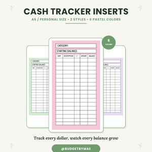 Puede incluir: Insertos de seguimiento de efectivo en tamaño A6 con 2 estilos y 6 colores pastel. Las hojas incluyen campos para categoría, saldo inicial, fecha, descripción, más o menos, cantidad y saldo. El texto incluye CASH TRACKER INSERTS y @BUDGETBYMAE.