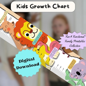 Afdrukbare groeimeter voor kinderen, hoogtemeter dierenthema, gepersonaliseerde groeimeter voor decoratie kinderkamer of speelkamer, kraamcadeau