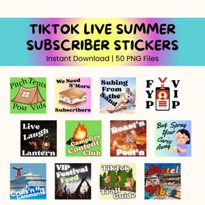 Summer Festival TikTok Sub Stickers – 50 Digital Subscriber Emotes for TikTok Live, Camping & Festival Vibes, Funny Streaming Graphics