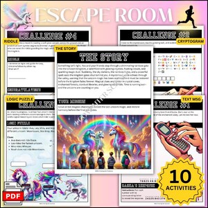 Pode incluir: Um jogo "Escape Room" com tema de unicórnio. A imagem mostra vários desafios, enigmas e quebra-cabeças. O jogo inclui mensagens de texto, quebra-cabeças lógicos e um criptograma. O jogo tem 10 atividades e está disponível em formato PDF.