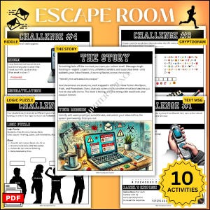 May include: An Escape Room game with 10 activities, featuring challenges like riddles, cryptograms, and logic puzzles. The theme revolves around identifying safe emails and avoiding phishing attempts, with a PDF option.