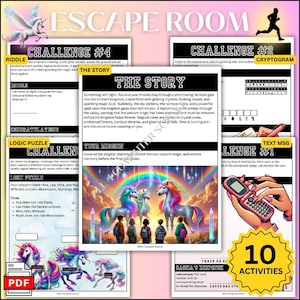 May include: Escape room game with a unicorn theme. The image features colorful illustrations of unicorns, rainbows, and text prompts for challenges. Includes a PDF icon and the text "10 ACTIVITIES".
