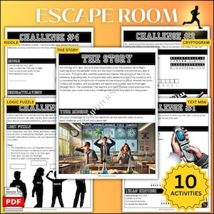 May include: An Escape Room game with 10 activities. The image shows challenges, riddles, and puzzles related to science, including text messages, logic puzzles, and a cryptogram. The theme involves unlocking a science lab.