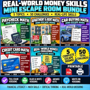 以下が含まれることがあります： Real-World Money Skills Mini Escape Room Bundleというタイトルのデジタル教育バンドル。Paycheck Math、Apartment & Rent Math、Car Buying Math、Credit Card Math、Real-World Money Challengeの5つのトピックと合計50の課題が含まれています。