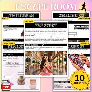 以下が含まれることがあります： 「Escape Room」というタイトルのカラフルな脱出ゲーム。ゲームには、チャレンジ、なぞなぞ、パズルが含まれています。画像には、お姫様、電話、そして「10 Activities」という文字が表示されています。