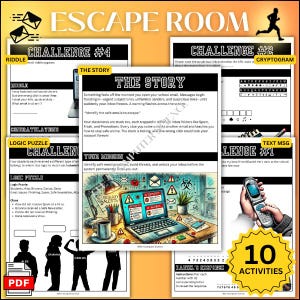 Puede incluir: Un juego de Escape Room con 10 actividades. El juego incluye desafíos como acertijos, rompecabezas lógicos y mensajes de texto. La historia implica identificar correos electrónicos seguros para escapar de una amenaza digital.