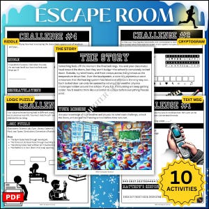 May include: An Escape Room game with the title "Escape Room" in blue and white. The image features various challenges, including riddles, logic puzzles, and text messages. The game includes 10 activities and a PDF icon.
