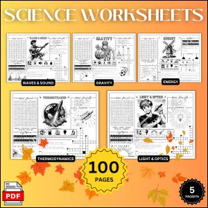 May include: A collection of science worksheets with the title "SCIENCE WORKSHEETS" at the top. The worksheets cover topics like Waves & Sound, Gravity, Energy, Thermodynamics, and Light & Optics. The image also includes a "100 PAGES" and "5 PACKETS" graphic.