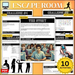 May include: An Escape Room game with the title "Escape Room" in large gold letters. The image features various challenges, riddles, and puzzles, including a cryptogram and text message. The game includes 10 activities and a PDF icon.