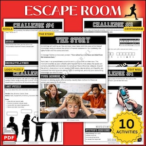 Könnte beinhalten: Ein rotes und weißes Escape Room-Spiel mit dem Text "Escape Room" oben. Das Spiel beinhaltet Herausforderungen, Rätsel und Puzzles. Das Bild zeigt auch ein PDF-Symbol und ein "10 Aktivitäten"-Abzeichen.