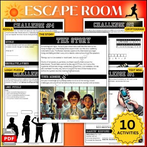 May include: An Escape Room game with the title "Escape Room" in large orange letters. The image features various challenges, including riddles, logic puzzles, and a cryptogram. The game includes 10 activities and a PDF icon.