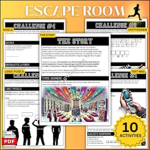 Könnte beinhalten: Escape Room Spiel mit 10 Aktivitäten. Das Bild zeigt Herausforderungskarten mit Rätseln, Logikrätseln und Textnachrichten. Das Thema ist Physik, mit Illustrationen von Wissenschaftlern und wissenschaftlichen Konzepten.