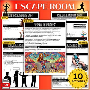 May include: An Escape Room game with a circus theme. The image features various challenges, riddles, and puzzles, including a cryptogram and text message. The game includes 10 activities and a PDF icon.