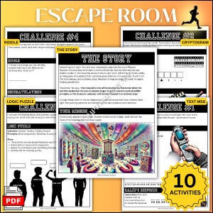 Puede incluir: Juego de escape room con 10 actividades. La imagen muestra tarjetas de desafío con acertijos, criptogramas y mensajes de texto. La tarjeta de historia describe un museo de física con principios científicos. Un icono PDF está en la esquina inferior izquierda.