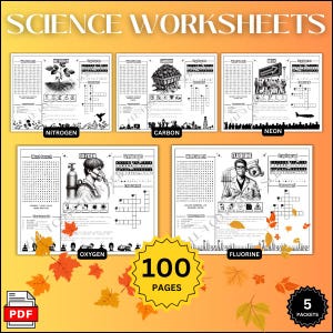 May include: A collection of science worksheets with the title "SCIENCE WORKSHEETS" at the top. The worksheets include word searches and crossword puzzles for elements like Nitrogen, Carbon, Neon, Oxygen, and Fluorine. The image also shows "100 PAGES" and "5 PACKETS".