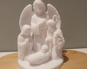 Traditional Nativity Scene Sculpture - White Christmas Manger Set with Angel - Tabletop Decor - Holy Family and Shepherd