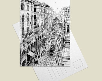 Postcard, Istanbul City, Beyoglu, Taksim, Istiklal Street, Streetcar, Illustration, Hand Drawing, Ink Pen Drawing