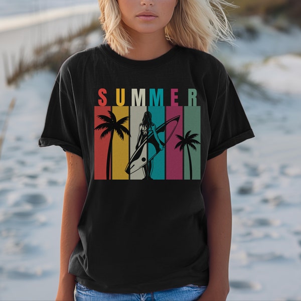 Summer Surfing Shirt, Palm Tree Surfing TShirt, Summer Vacation Shirt, Tropical Shirt Her, Gift for Beach Lover Friend, Girls Beach Trip Tee